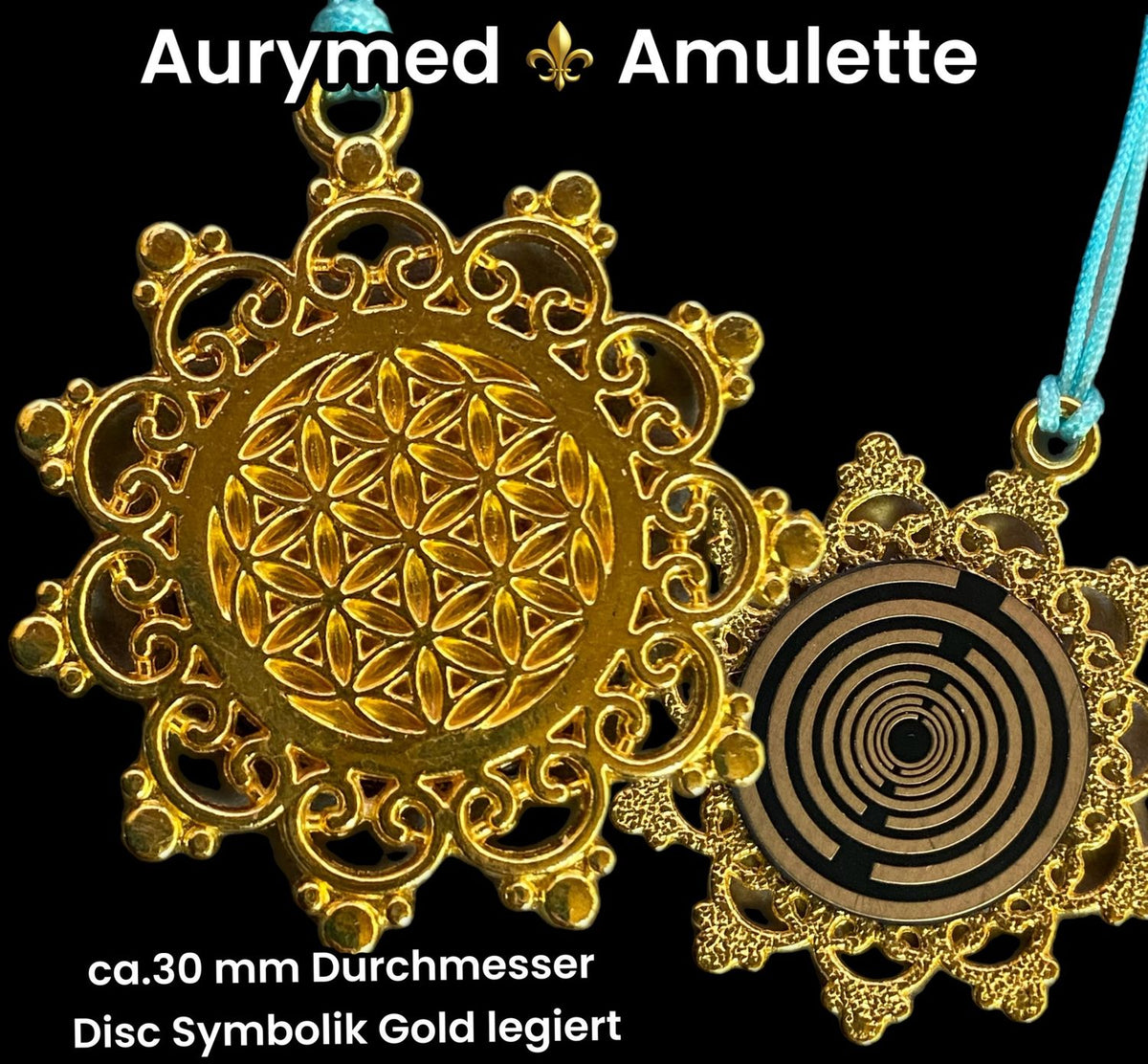 Amulett – Blume des Lebens, Lakhovsky MWOals schwarzer Coin mit goldlegiert eingearbeitet – Produktansicht 1