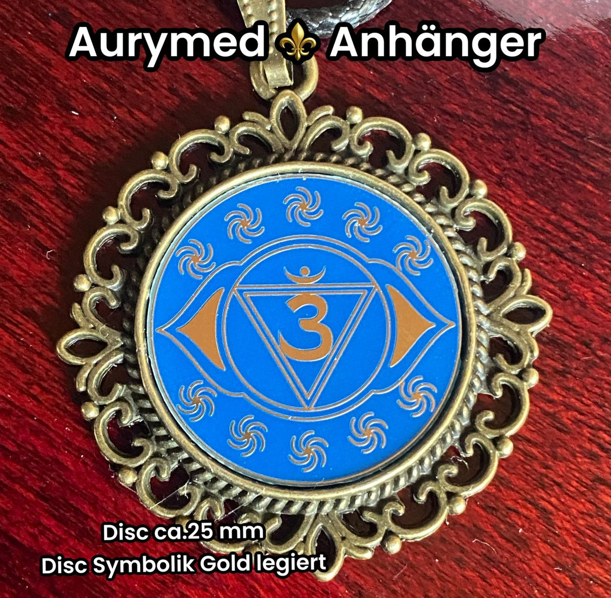 Amulett – Chakremy – bronzefarben, 3. Auge Disc in blau 25 mm, goldlegiert, kupferunterlegt – Produktansicht 1