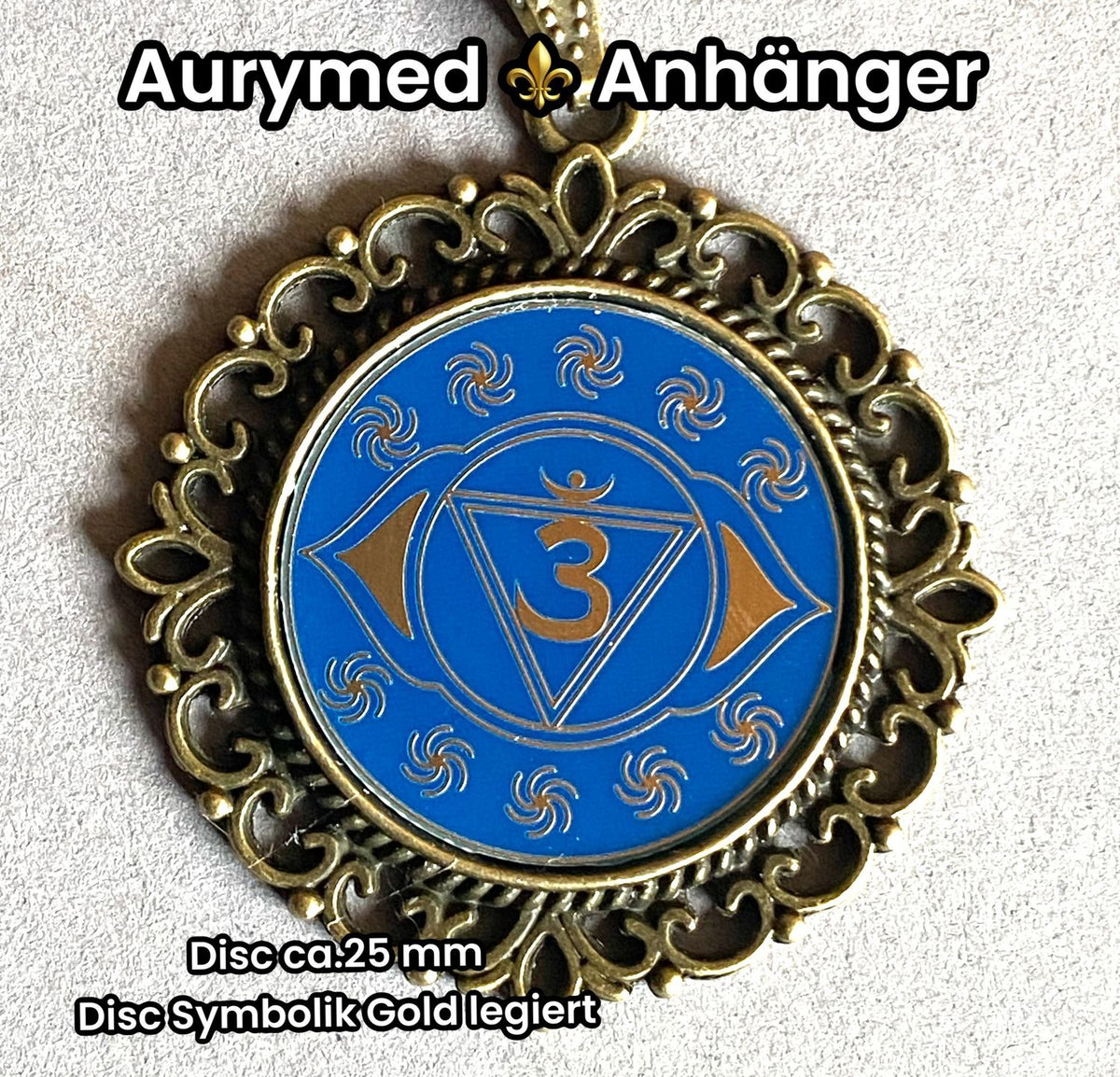 Amulett – Chakremy – bronzefarben, 3. Auge Disc in blau 25 mm, goldlegiert, kupferunterlegt – Produktansicht 1