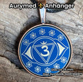Amulett – Chakremy – kupferfarbend, 3. Auge Disc in blau 25 mm, goldlegiert, kupferunterlegt – Produktansicht 1