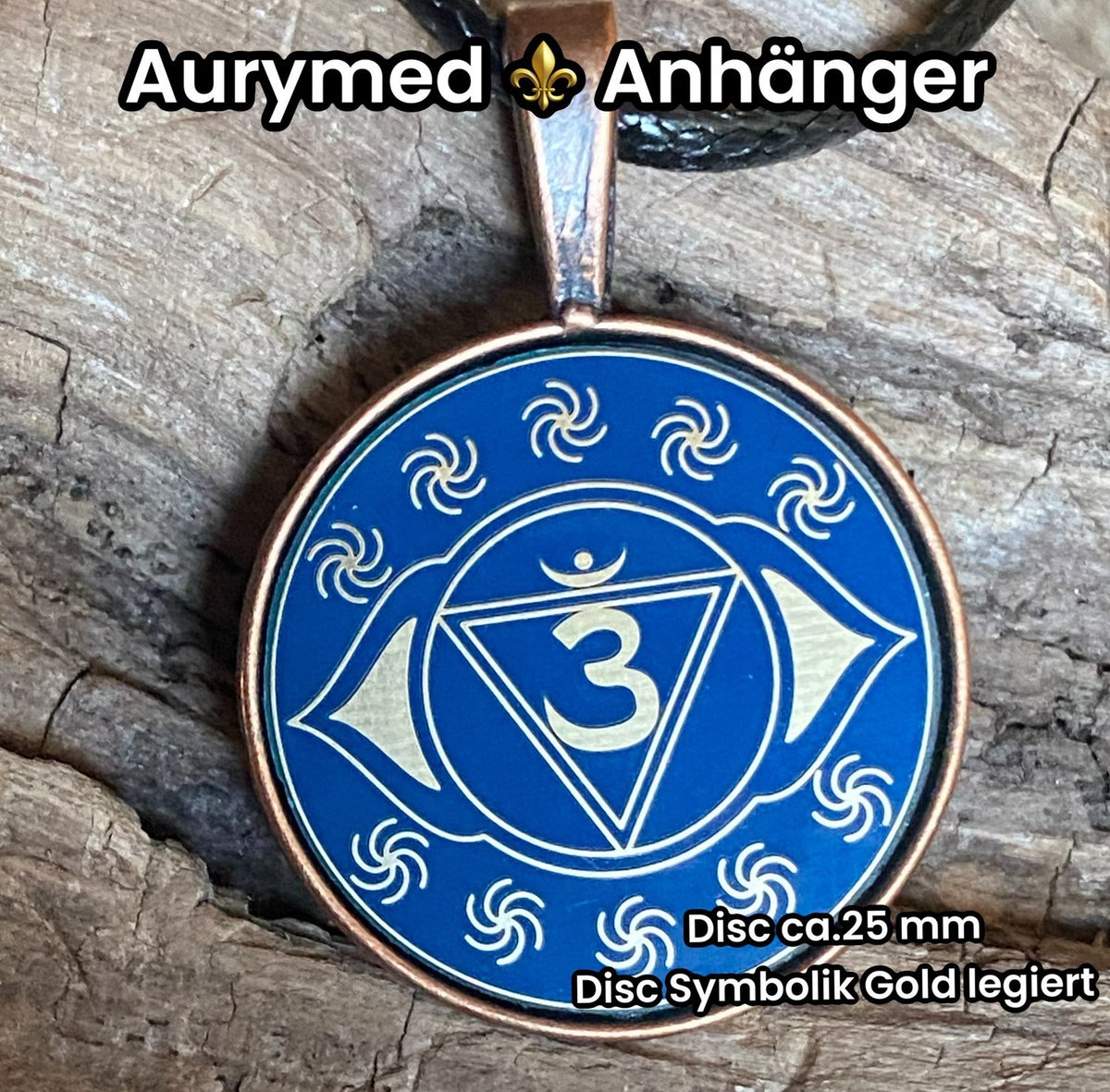 Amulett – Chakremy – kupferfarbend, 3. Auge Disc in blau 25 mm, goldlegiert, kupferunterlegt – Produktansicht 1