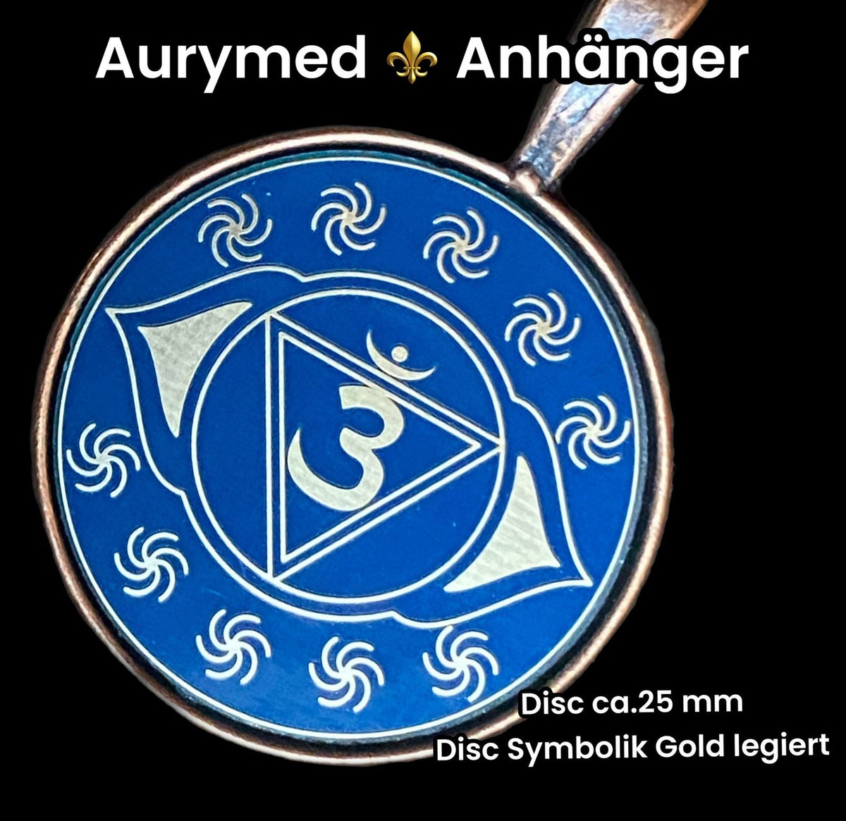 Amulett – Chakremy – kupferfarbend, 3. Auge Disc in blau 25 mm, goldlegiert, kupferunterlegt – Produktansicht 1