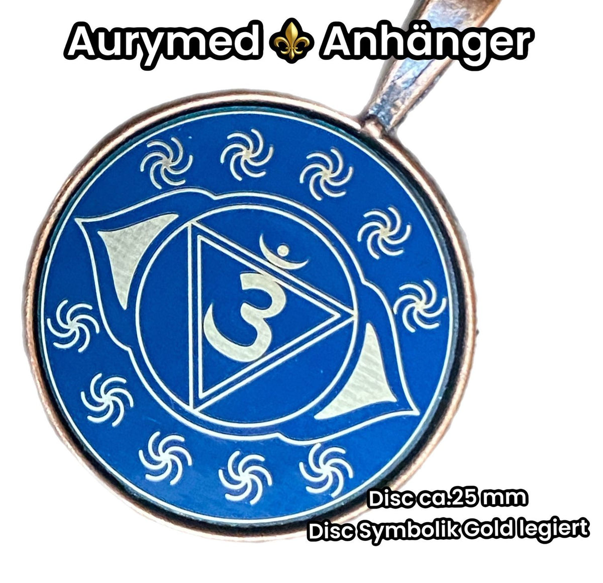 Amulett – Chakremy – kupferfarbend, 3. Auge Disc in blau 25 mm, goldlegiert, kupferunterlegt – Produktansicht 1