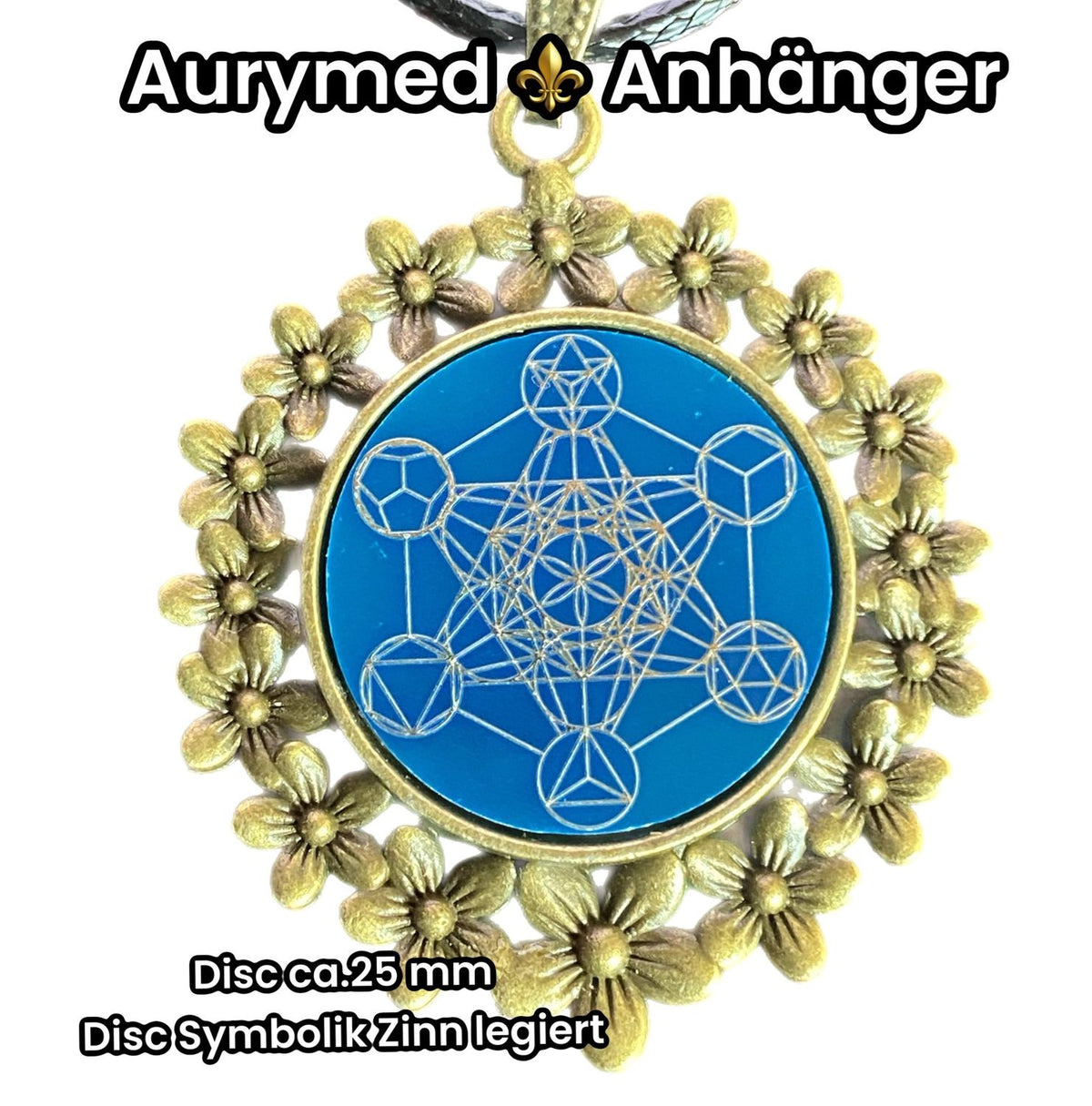 Amulett – bronzefarben, Metatron, Disc in blau 25 mm, zinnlegiert, kupferunterlegt – Produktansicht 1