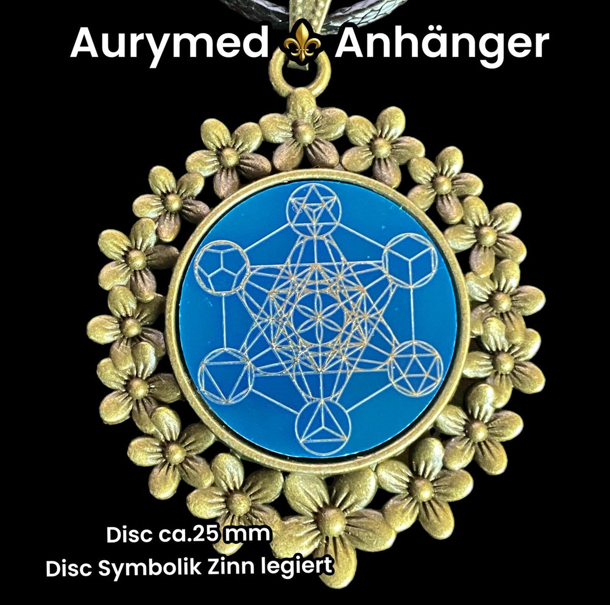Amulett – bronzefarben, Metatron, Disc in blau 25 mm, zinnlegiert, kupferunterlegt – Produktansicht 1