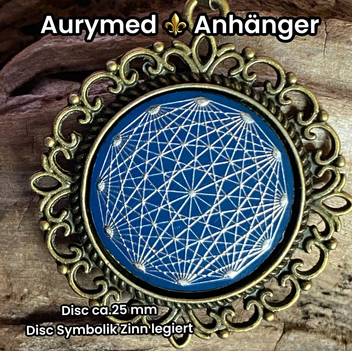 Amulett – bronzefarben, Dodecagram 12 – er Stern, Disc in blau 25 mm, zinnlegiert, kupferunterlegt – Produktansicht 1