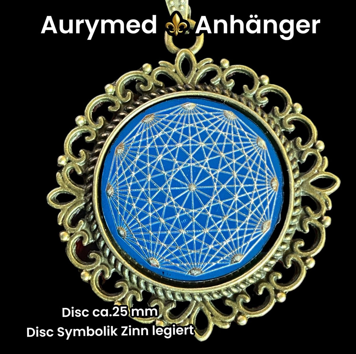 Amulett – bronzefarben, Dodecagram 12 – er Stern, Disc in blau 25 mm, zinnlegiert, kupferunterlegt – Produktansicht 1
