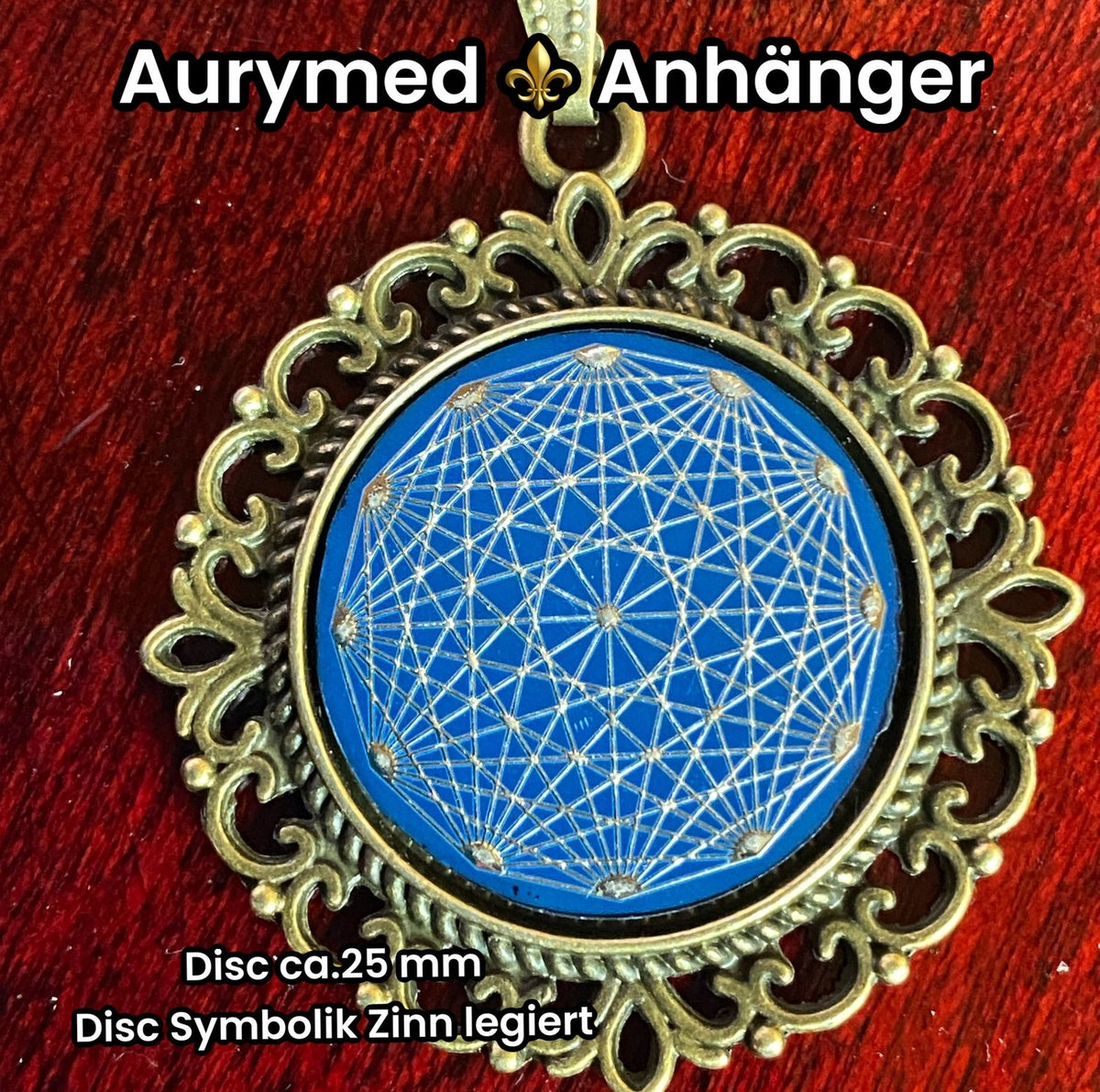 Amulett – bronzefarben, Dodecagram 12 – er Stern, Disc in blau 25 mm, zinnlegiert, kupferunterlegt – Produktansicht 1
