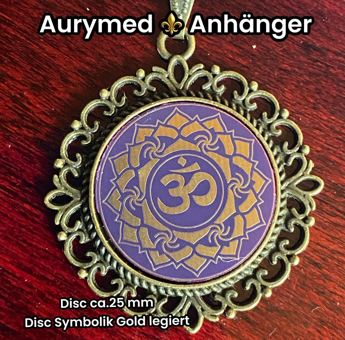 Amulett – Chakremy, bronzefarben, Kronen Chakra, Disc in lila flieder 25 mm, goldlegiert, kupferunterlegt – Produktansicht 1