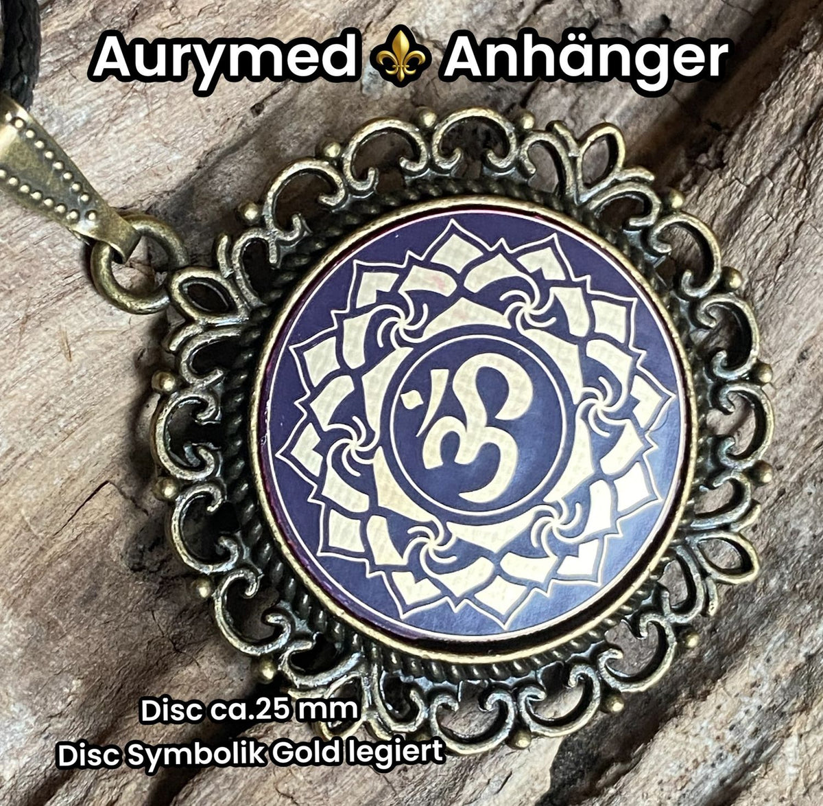 Amulett – Chakremy, bronzefarben, Kronen Chakra, Disc in lila flieder 25 mm, goldlegiert, kupferunterlegt – Produktansicht 1