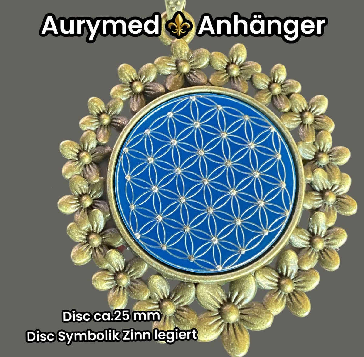 Amulett – bronzefarben, Blume des Lebens, Disc in blau 25 mm, zinnlegiert, kupferunterlegt – Produktansicht 1