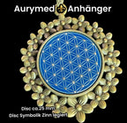 Amulett – bronzefarben, Blume des Lebens, Disc in blau 25 mm, zinnlegiert, kupferunterlegt – Produktansicht 1