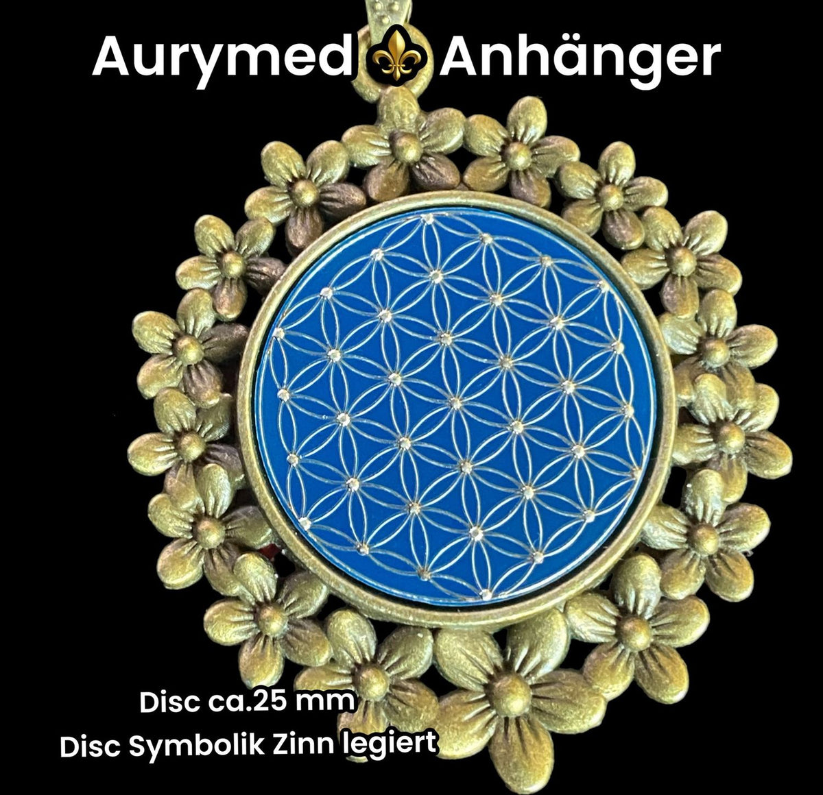 Amulett – bronzefarben, Blume des Lebens, Disc in blau 25 mm, zinnlegiert, kupferunterlegt – Produktansicht 1