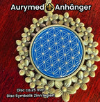 Amulett – bronzefarben, Blume des Lebens, Disc in blau 25 mm, zinnlegiert, kupferunterlegt – Produktansicht 1