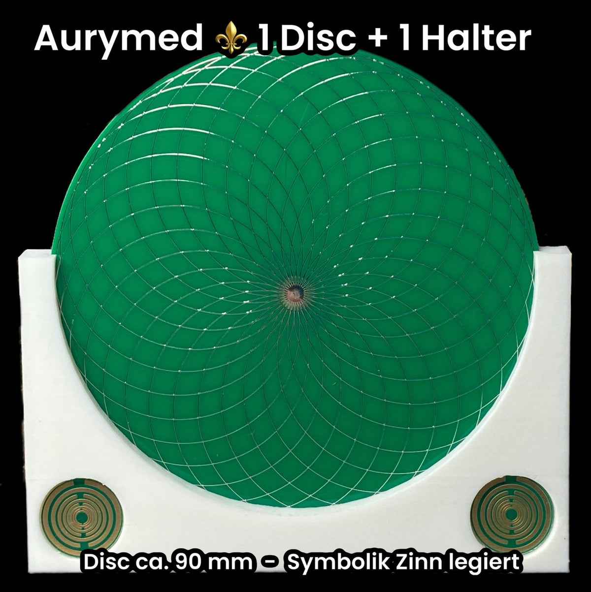90 mm – 1 x Disc+ 1x PLA Halter – Torus Design, doppelseitig, zinnlegiert, kupferunterlegt, grün – Produktansicht 1