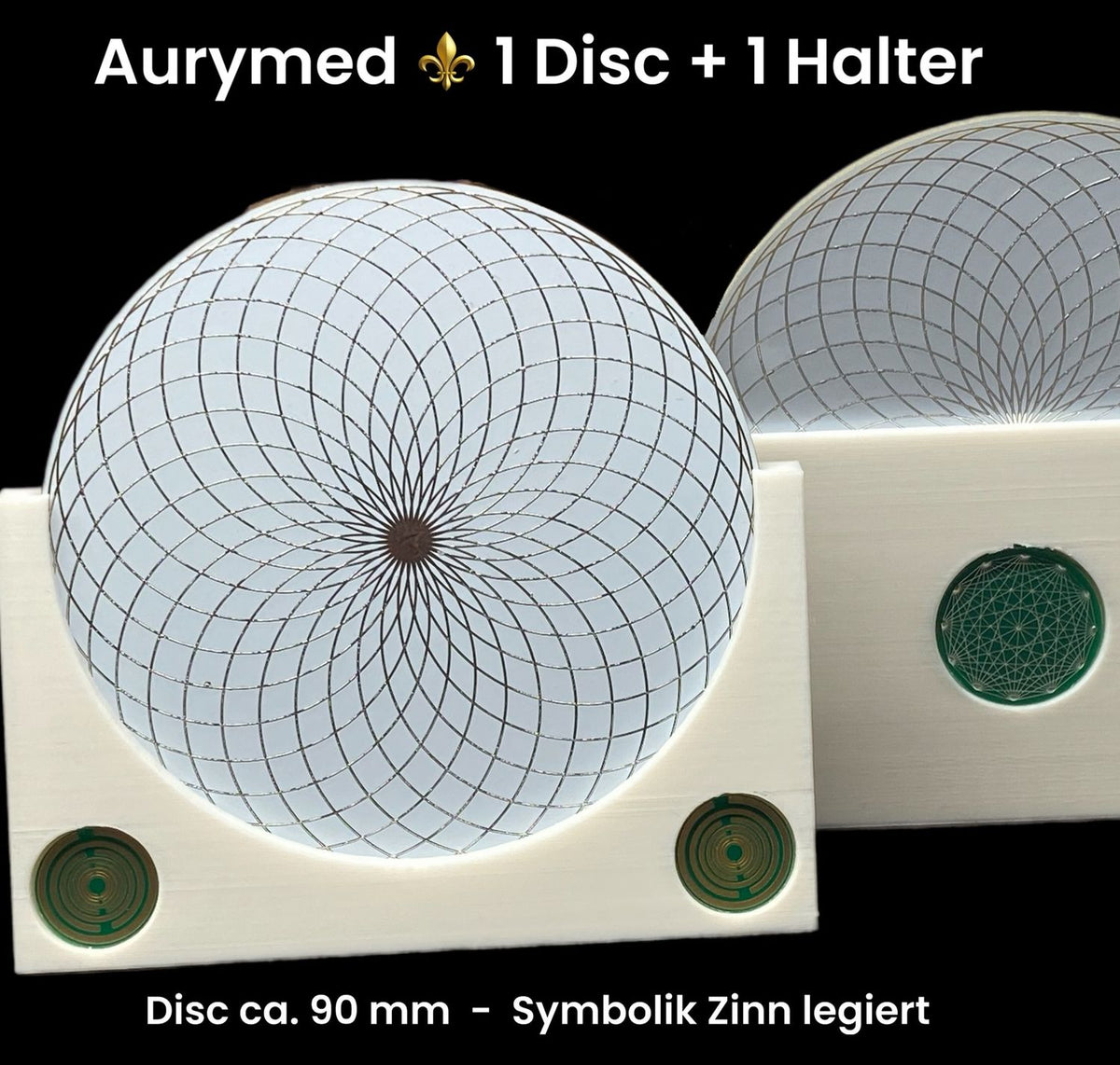 90 mm – 1 x Disc+ 1x PLA Halter – Torus Design, doppelseitig, zinnlegiert, kupferunterlegt, weiß – Produktansicht 1
