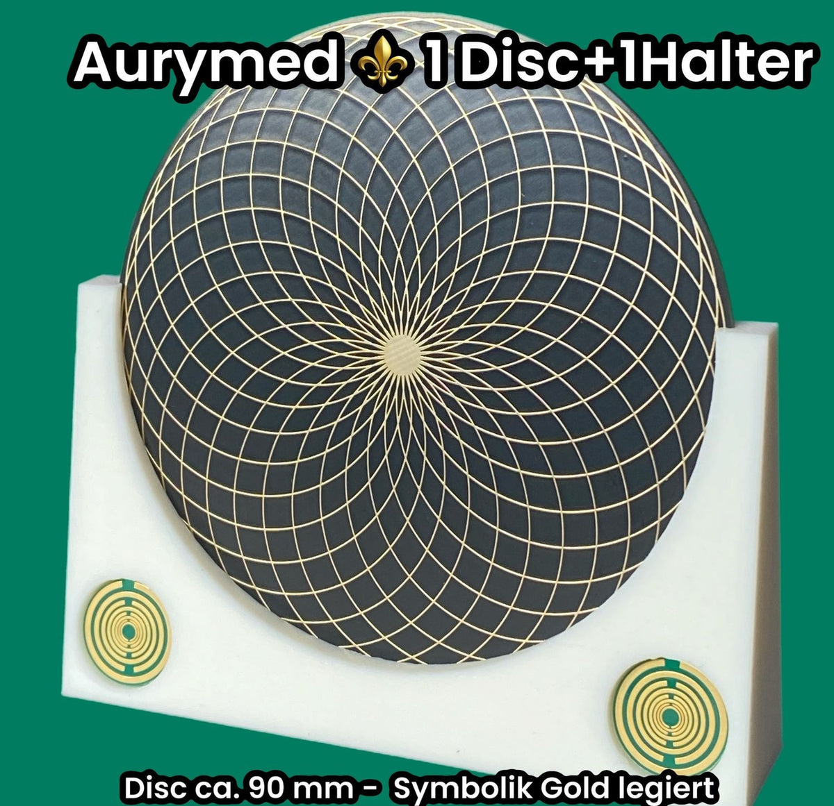 90 mm – 1 x Disc+ 1x PLA Halter – Torus Design, doppelseitig, Goldlegiert, kupferunterlegt, schwarz – Produktansicht 1