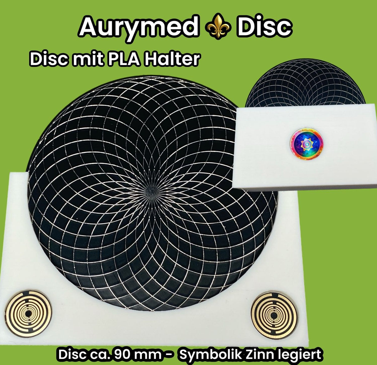 90 mm – 1 x Disc+ 1x PLA Halter – Torus Design, doppelseitig, zinnlegiert, kupferunterlegt, schwarz – Produktansicht 1