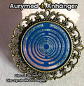 Amulett – bronzefarben, Lakhovsky MWOn Symbol, Disc in blau 25 mm, zinnlegiert, kupferunterlegt – Produktansicht 1