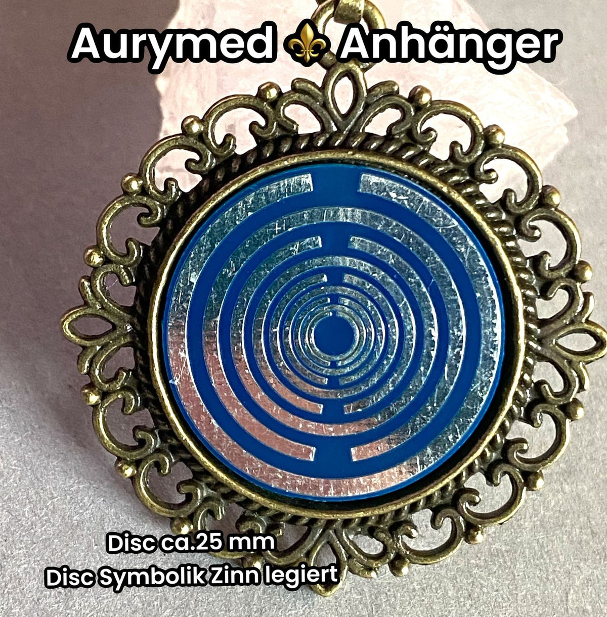 Amulett – bronzefarben, Lakhovsky MWOn Symbol, Disc in blau 25 mm, zinnlegiert, kupferunterlegt – Produktansicht 1