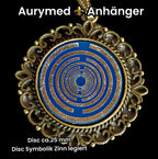 Amulett – bronzefarben, Lakhovsky MWOn Symbol, Disc in blau 25 mm, zinnlegiert, kupferunterlegt – Produktansicht 1
