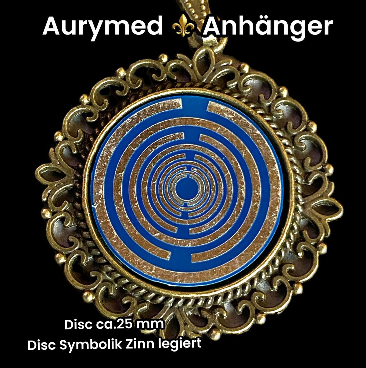 Amulett – bronzefarben, Lakhovsky MWOn Symbol, Disc in blau 25 mm, zinnlegiert, kupferunterlegt – Produktansicht 1