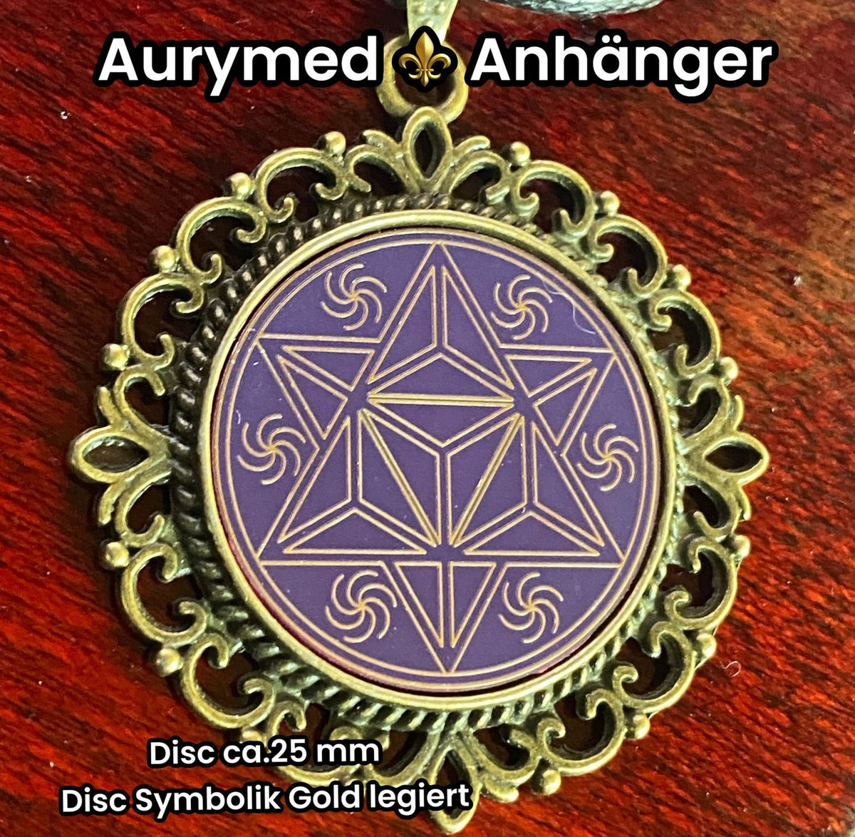 Amulett – bronzefarben, Merkaba, Disc in flieder 25 mm, goldlegiert, kupferunterlegt – Produktansicht 1