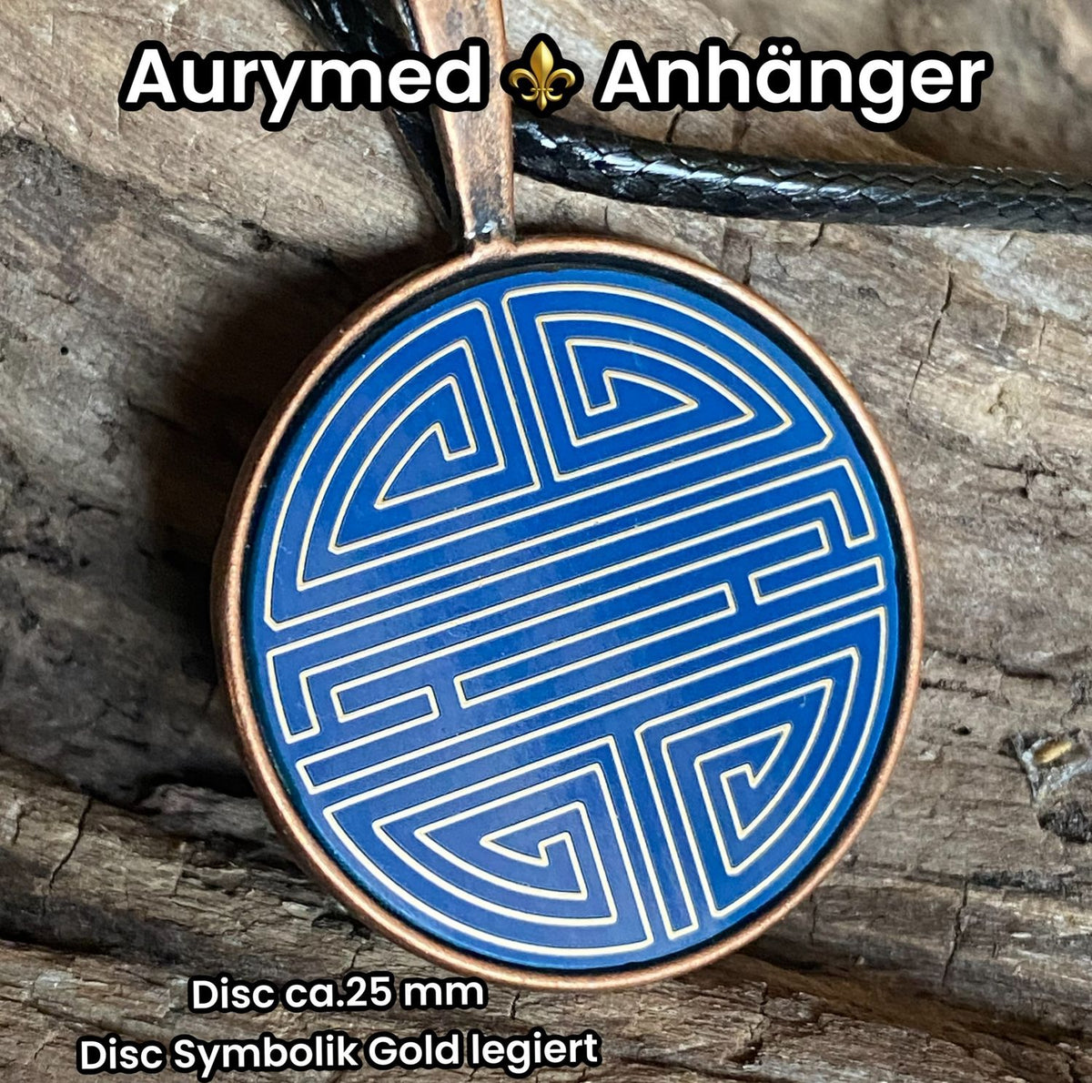 Amulett – kupferfarbend Shou Symbolik, Disc in blau, 25 mm, goldlegiert, kupferunterlegt – Produktansicht 1