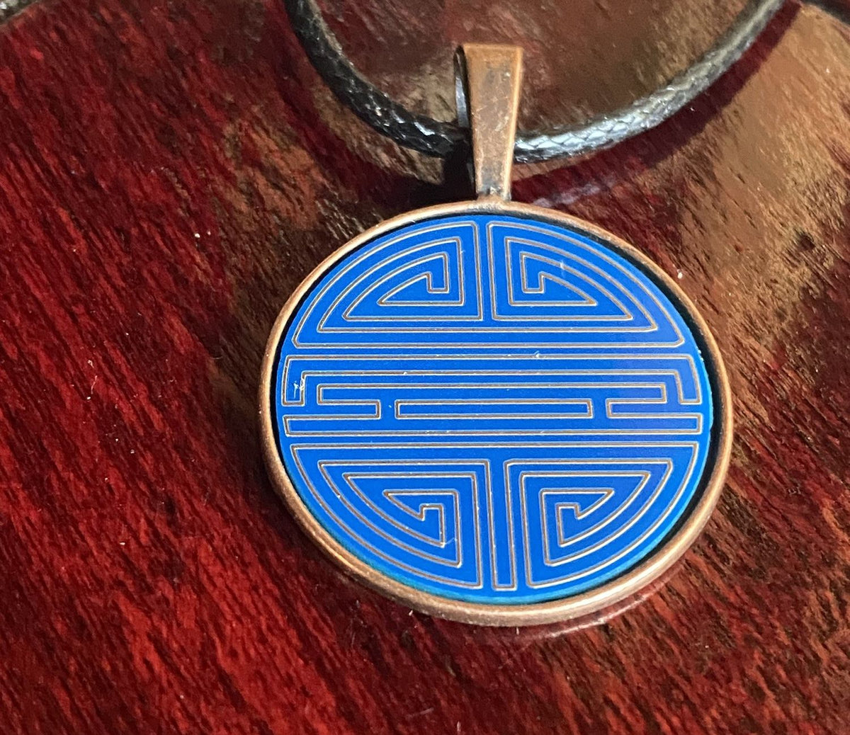 Amulett – kupferfarbend Shou Symbolik, Disc in blau, 25 mm, goldlegiert, kupferunterlegt – Produktansicht 1