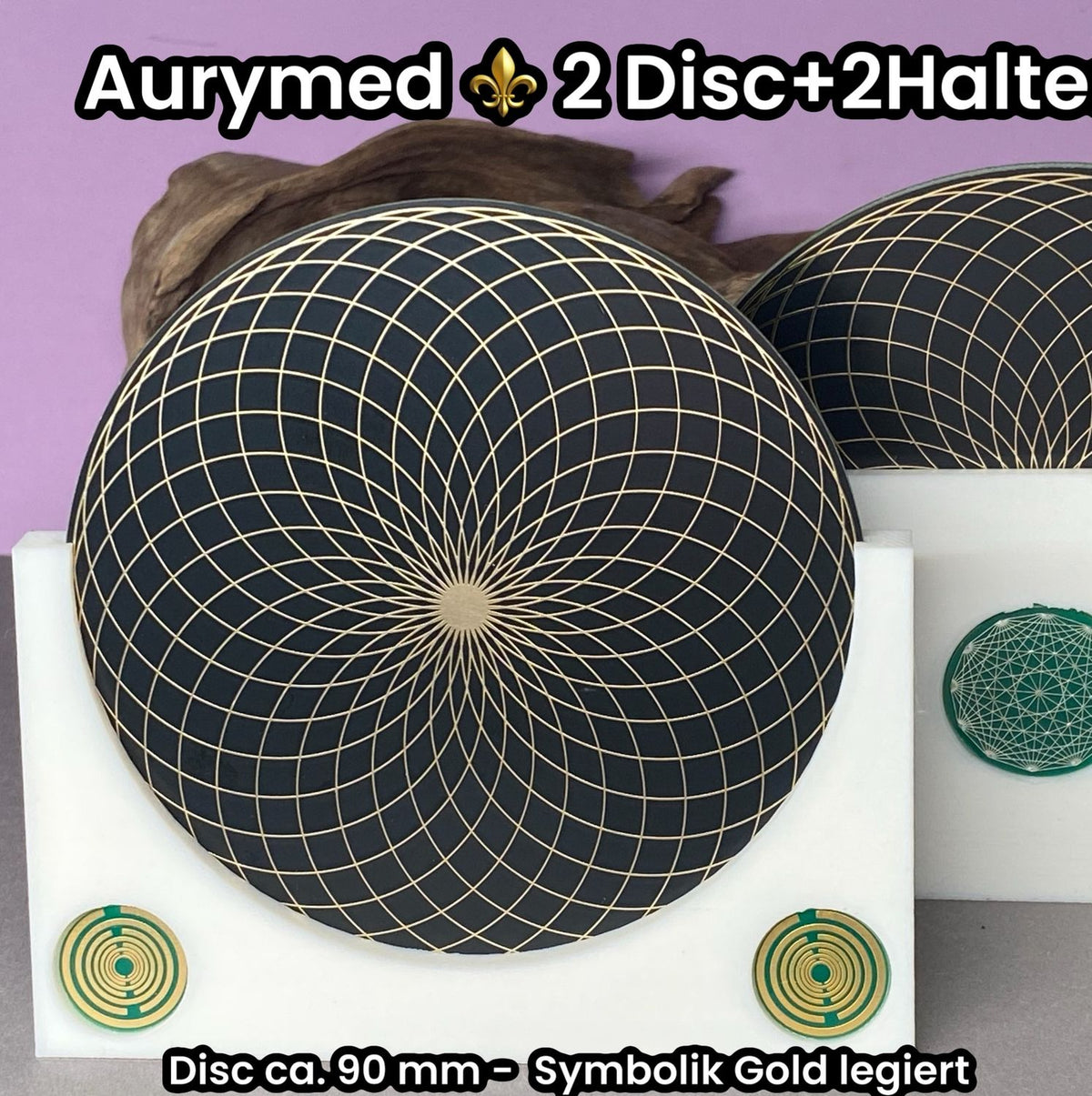 90 mm – 2 x Disc+ 2x PLA Halter – Torus Design, doppelseitig, Goldlegiert, kupferunterlegt, schwarz – Produktansicht 1