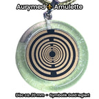 Anhänger – Resin mit Glitzer, Disc im Lakhovsky MWOn Design 18 mm, goldlegiert, kupferunterlegt, zartgrün – Produktansicht 1