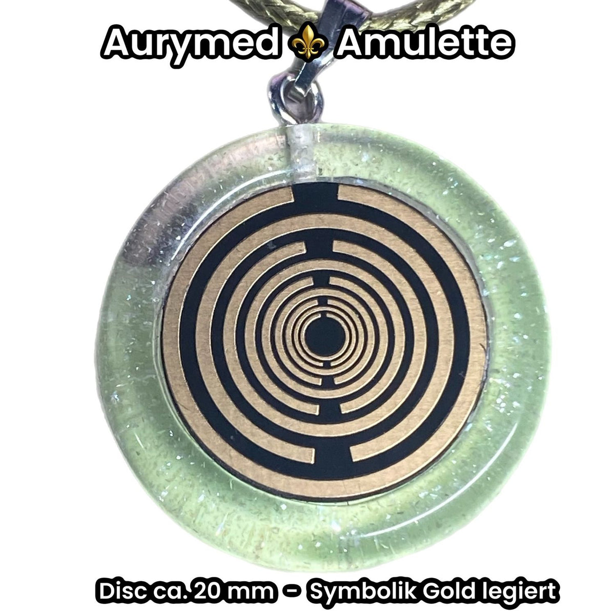 Anhänger – Resin mit Glitzer, Disc im Lakhovsky MWOn Design 18 mm, goldlegiert, kupferunterlegt, zartgrün – Produktansicht 1