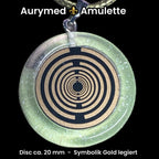 Anhänger – Resin mit Glitzer, Disc im Lakhovsky MWOn Design 18 mm, goldlegiert, kupferunterlegt, zartgrün – Produktansicht 1
