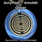 Anhänger – Resin mit Glitzer, Disc im Lakhovsky MWOn Design 18 mm, goldlegiert, kupferunterlegt, blau – Produktansicht 1