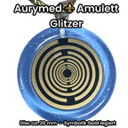Anhänger – Resin mit Glitzer, Disc im Lakhovsky MWOn Design 18 mm, goldlegiert, kupferunterlegt, blau – Produktansicht 1