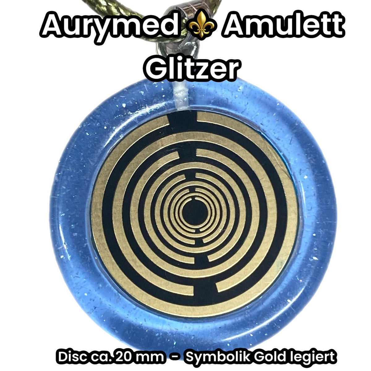 Anhänger – Resin mit Glitzer, Disc im Lakhovsky MWOn Design 18 mm, goldlegiert, kupferunterlegt, blau – Produktansicht 1