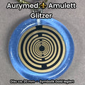 Anhänger – Resin mit Glitzer, Disc im Lakhovsky MWOn Design 18 mm, goldlegiert, kupferunterlegt, blau – Produktansicht 1