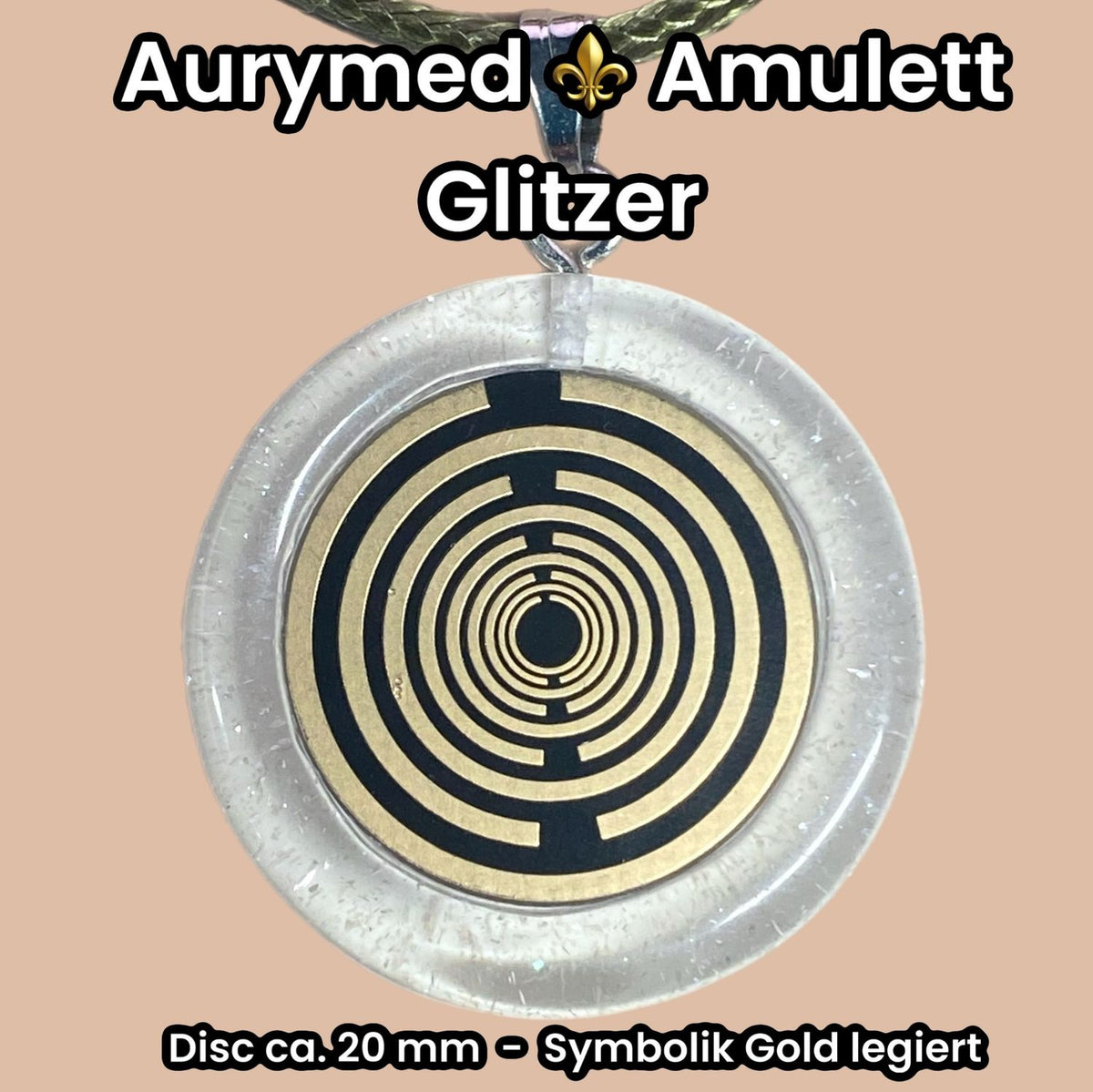 Anhänger – Resin mit Glitzer, Disc im Lakhovsky MWOn Design 18 mm, goldlegiert, kupferunterlegt, weiß – Produktansicht 1
