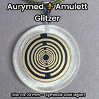 Anhänger – Resin mit Glitzer, Disc im Lakhovsky MWOn Design 18 mm, goldlegiert, kupferunterlegt, weiß – Produktansicht 1