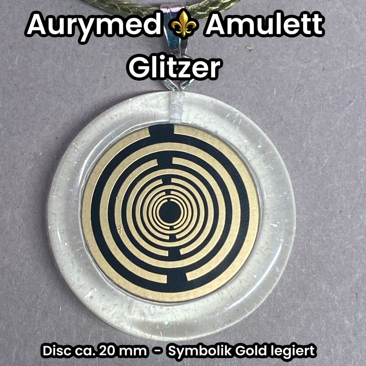 Anhänger – Resin mit Glitzer, Disc im Lakhovsky MWOn Design 18 mm, goldlegiert, kupferunterlegt, weiß – Produktansicht 1
