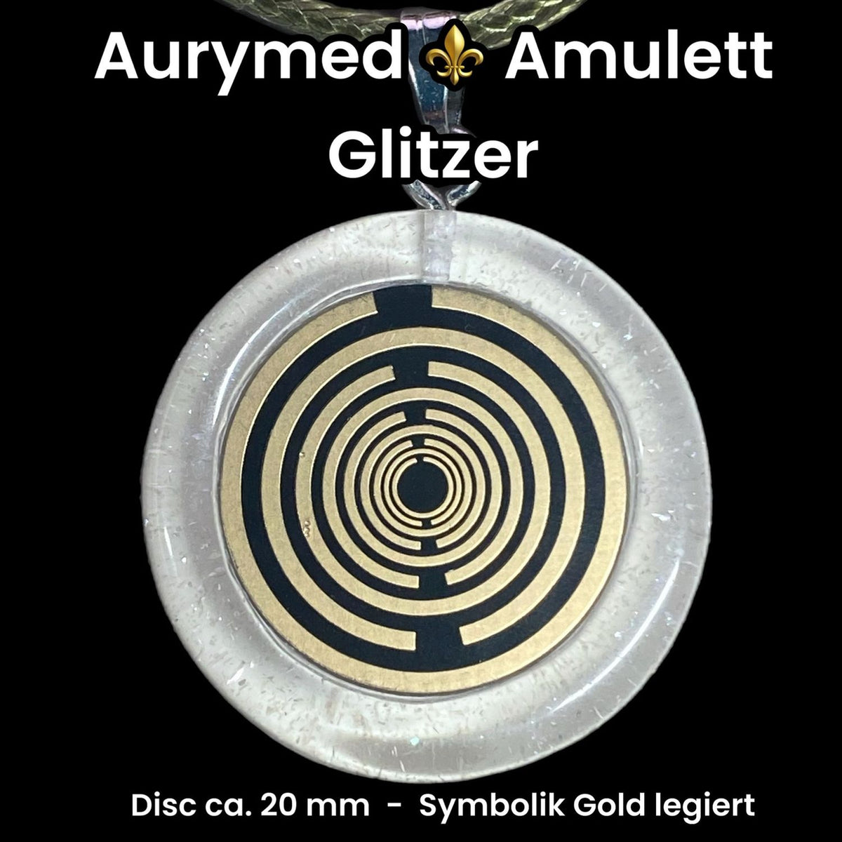 Anhänger – Resin mit Glitzer, Disc im Lakhovsky MWOn Design 18 mm, goldlegiert, kupferunterlegt, weiß – Produktansicht 1
