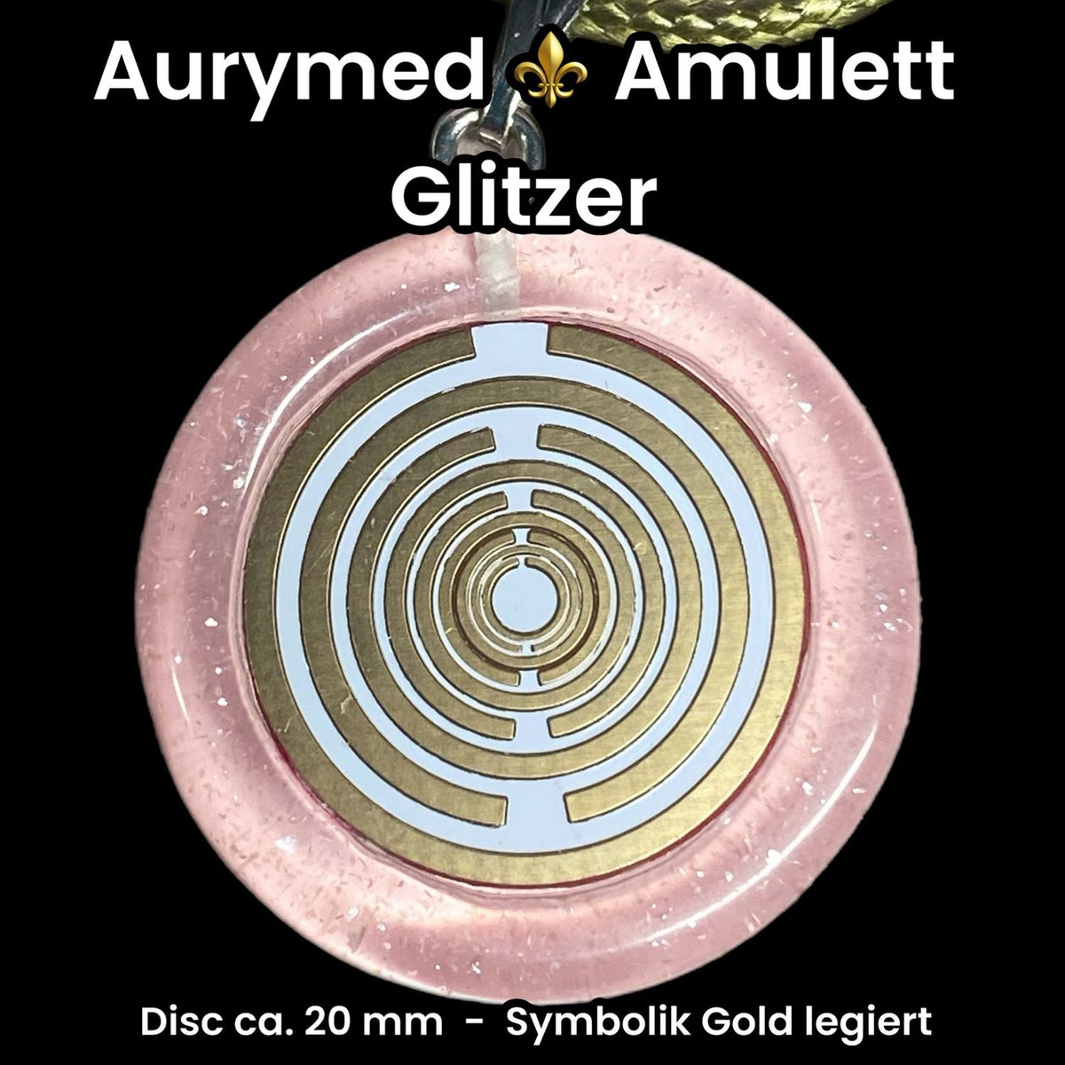 Amulett – Resin mit Glitzer – Lakhovsky MWO – 18 mm / goldlegiert / zart rose – Produktansicht 1