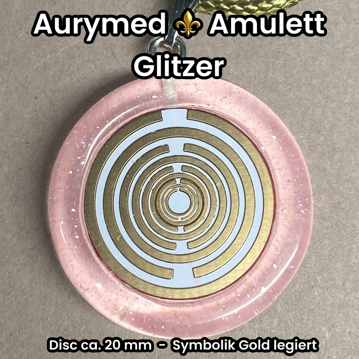 Amulett – Resin mit Glitzer – Lakhovsky MWO – 18 mm / goldlegiert / zart rose – Produktansicht 1
