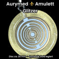 Anhänger – Resin mit Glitzer, Disc im Lakhovsky MWOn Design 18 mm, goldlegiert, kupferunterlegt, gelb – Produktansicht 1