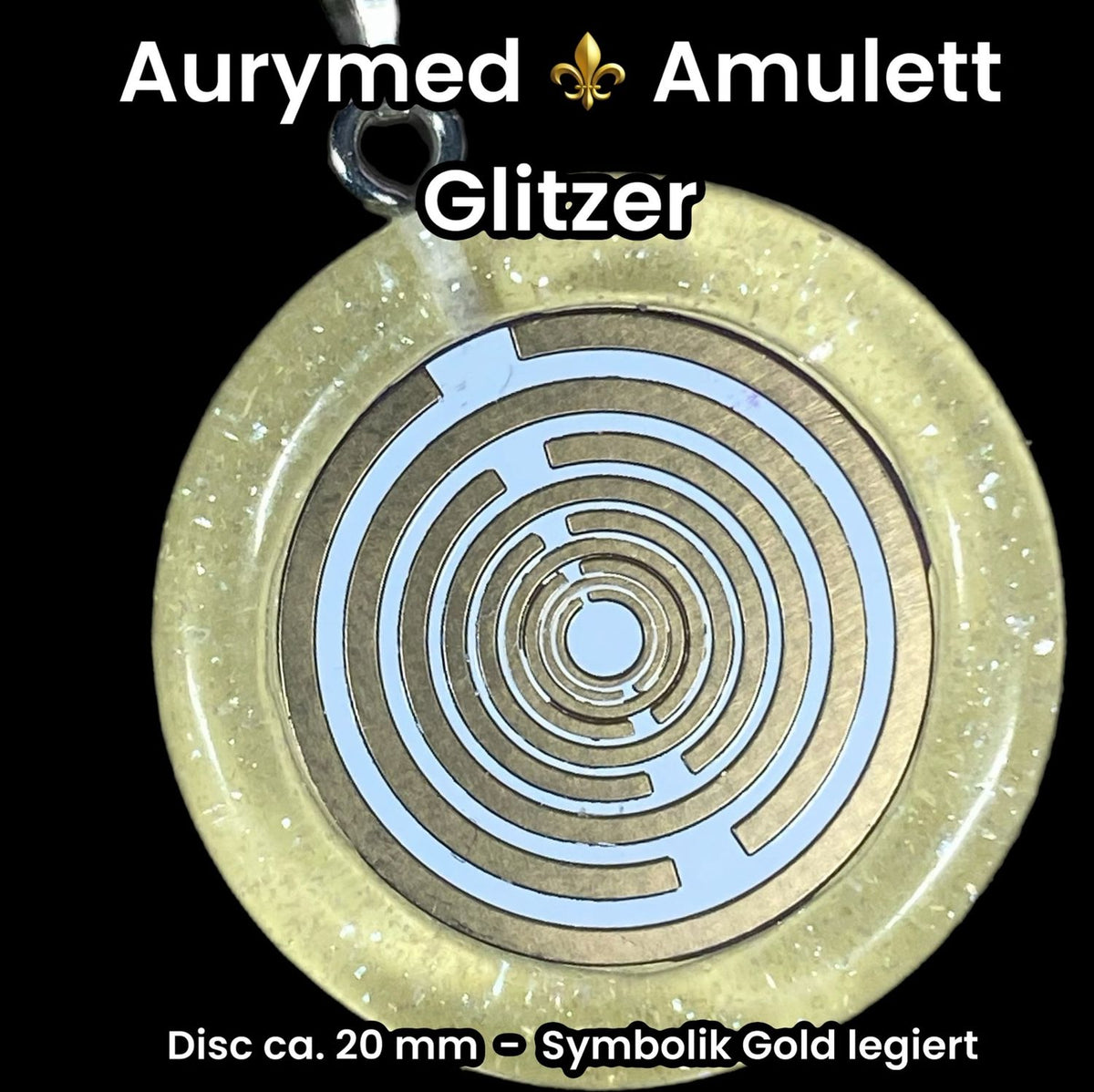 Anhänger – Resin mit Glitzer, Disc im Lakhovsky MWOn Design 18 mm, goldlegiert, kupferunterlegt, gelb – Produktansicht 1