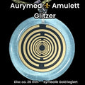 Anhänger – Resin mit Glitzer, Disc im Lakhovsky MWOn Design 18 mm, goldlegiert, kupferunterlegt, blau – Produktansicht 1