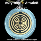 Anhänger – Resin mit Glitzer, Disc im Lakhovsky MWOn Design 18 mm, goldlegiert, kupferunterlegt, blau – Produktansicht 1