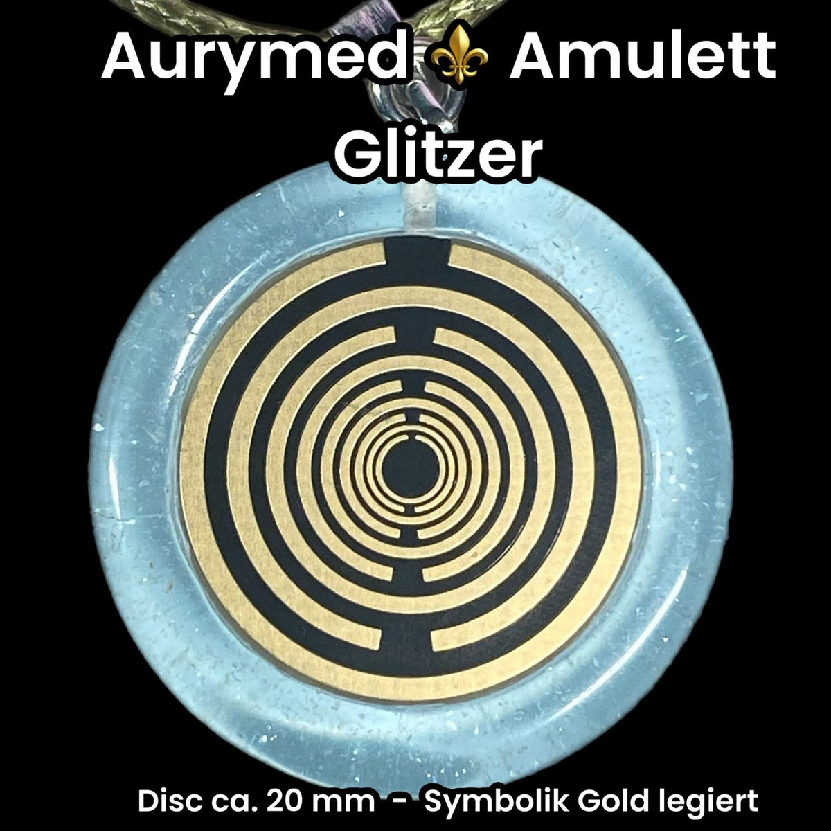 Anhänger – Resin mit Glitzer, Disc im Lakhovsky MWOn Design 18 mm, goldlegiert, kupferunterlegt, blau – Produktansicht 1