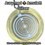 Anhänger – Resin mit Glitzer, Disc im Lakhovsky MWOn Design 18 mm, goldlegiert, kupferunterlegt, gelb – Produktansicht 1