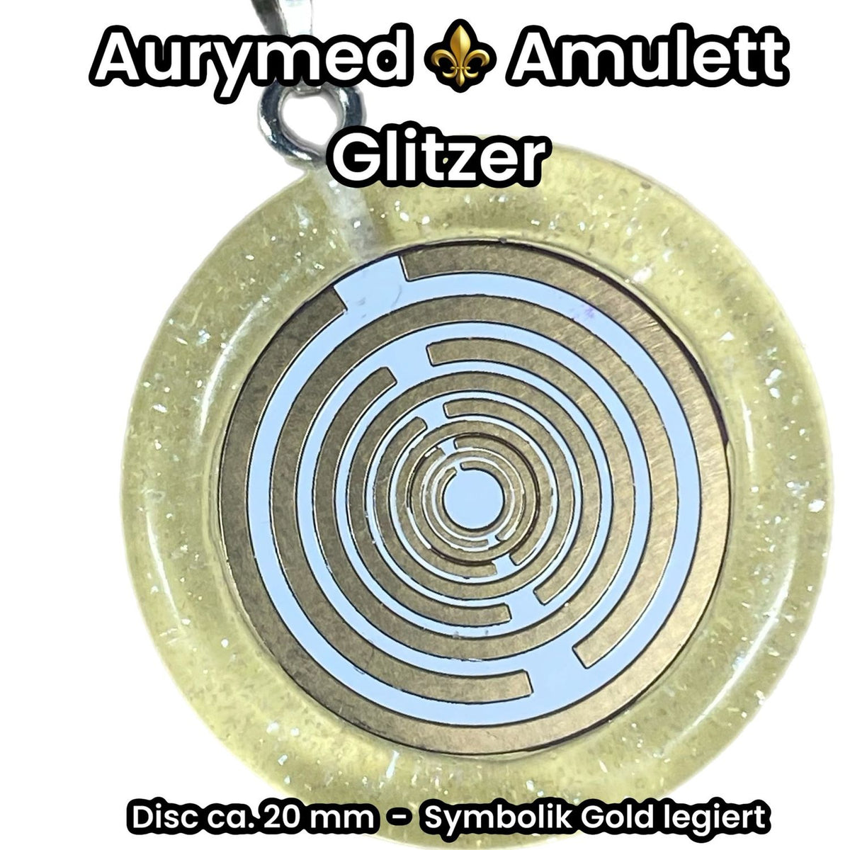 Anhänger – Resin mit Glitzer, Disc im Lakhovsky MWOn Design 18 mm, goldlegiert, kupferunterlegt, gelb – Produktansicht 1